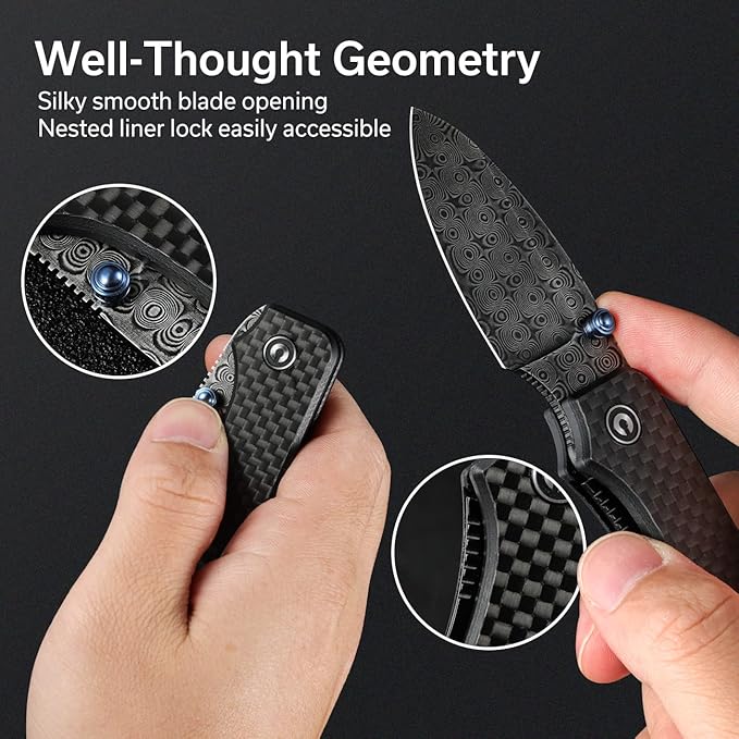 CIVIVI Small Pocket Knife for EDC, Ben Petersen Folding Knife Baby Banter with 2.34" Damascus Blade Carbon Fiber Overlay on G10 Handle, Titanium Thumb Stud Opener C19068S-DS1