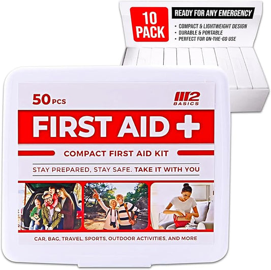 Bulk 10-Pack Mini First Aid Kit Bundle (500 Pieces Total, 50 Pieces Per Kit) – M2 BASICS First Aid Kits for Car, Vehicles, Travel, Home, Charity, Donations – Compact Emergency Medical Supplies