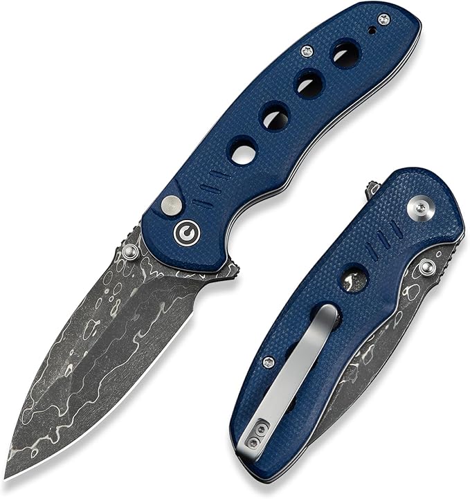 CIVIVI Triptych Folding Pocket Knife, 2.97" Damascus Blade Micarta Handle with Reversible Clip, Button Lock Knife for EDC Camping Hiking C23085B-DS1, Blue