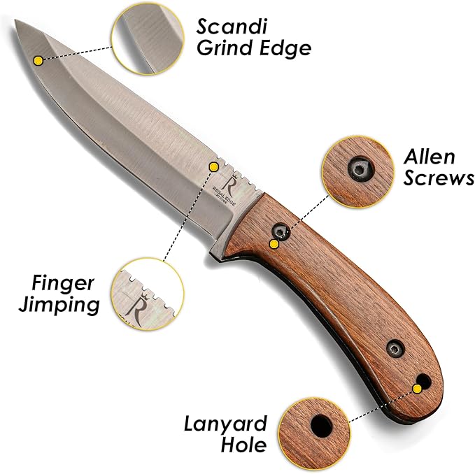 Bushcraft Knife Full Tang, 9-Inch High Carbon Steel Fixed Blade Knife With Sheath, Outdoor Scandi Knife, Tactical, Camping Survival For Hunting, Carving & Hiking