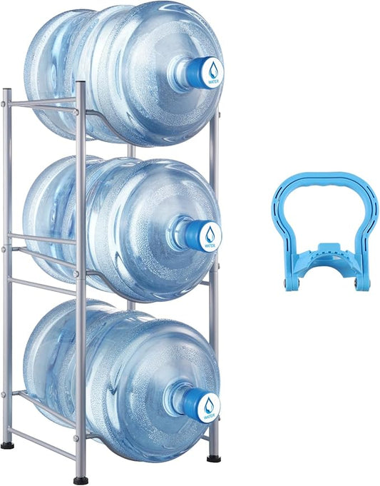VEVOR 5 Gallon Water Jug Holder, 3 Tier Water Bottle Rack with 3 Slots, Detachable Stand for Kitchen, Office, Living Room - Silver