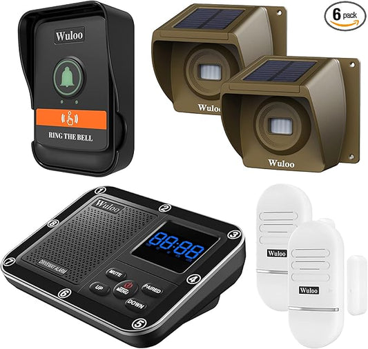 Wireless Alarm System for Home Security Expandable - 6-Piece Kit Include Doorbell, Door Alarm, and Solar Driveway Alarm - Chime/Sensitivity Adjustable NO Wi-Fi NO Monthly Fee With Rechargeable Battery