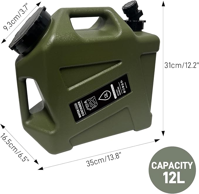 3.2 Gallon Camping Water Container with Spigot, Portable Water Jug BPA Free Water Tank, Military Green Emergency Water Storage Can for Outdoor Hiking Camping Picnic RV (12L)