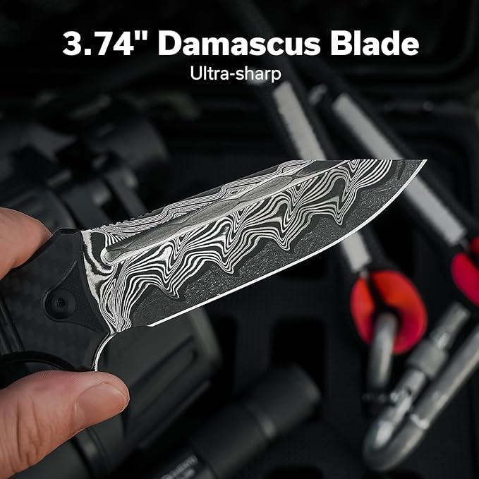 CIVIVI Neurohaptic Pocket Knife for EDC, Folding Knife with 3.74'' Damascus Blade Carbon Fiber & G10 Handle, Reversible Clip, Gift for Men Women C23080-DS1