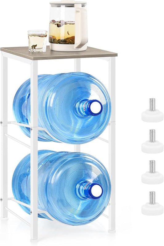 5 Gallon Water Bottle Holder Rack 2 Tier Water Jug Holder Stand with Storage Shelf, 2 Slots 5 Gal Water Cooler Jug Rack for Home, Office, Garage Organizer, Light Grey
