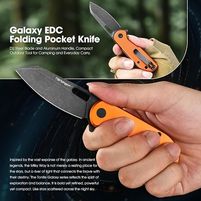 TONIFE Galaxy Mini Folding Knife with D2 Steel Blade and Aluminum Handle, EDC Pocket Tool for Camping, Hiking, and Survival (orange)