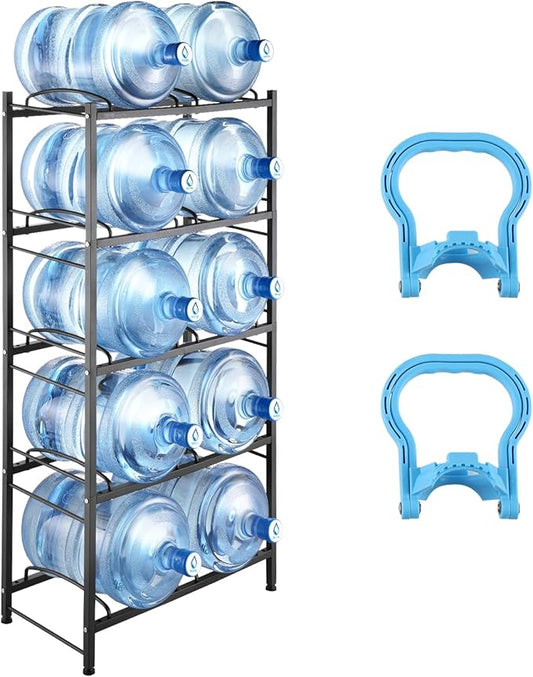 VEVOR 5 Gallon Water Jug Holder, 5 Tiers Double Row Heavy Duty Water Bottle Rack with 10 Slots, Detachable Water Jug Stand for Kitchen, Office, Living Room- Black
