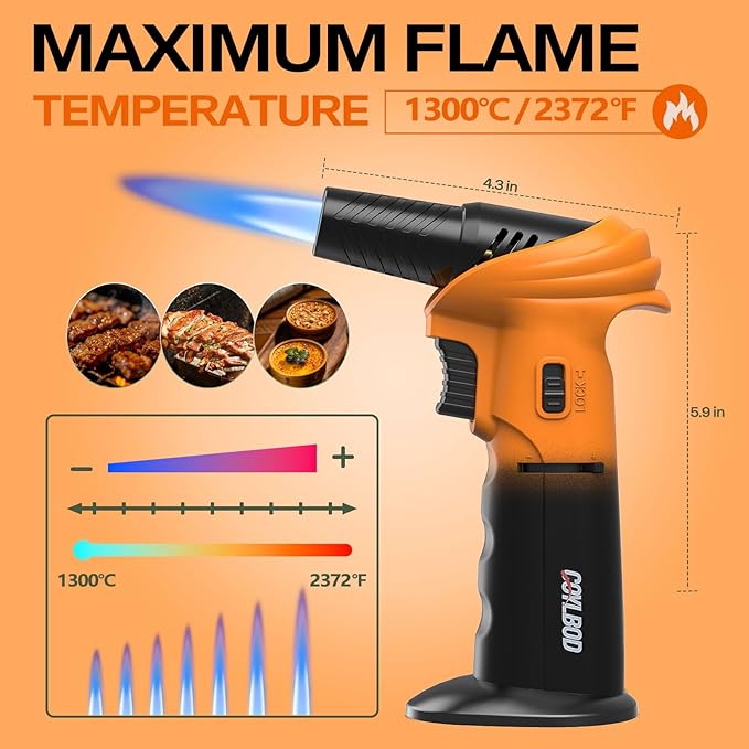Butane Torch Lighter, 0-90°Rotating Angle Butane Lighter, Refillable Kitchen Torch with Safety Lock, Adjustable Flame for Soldering (Orange and Black)