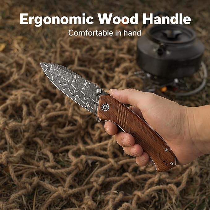 CIVIVI Placoid Pocket Knife for EDC, Folding Knife with 3.67" Damascus Blade Guibourtia Wood Handle For Men Women Gift C23079-DS1