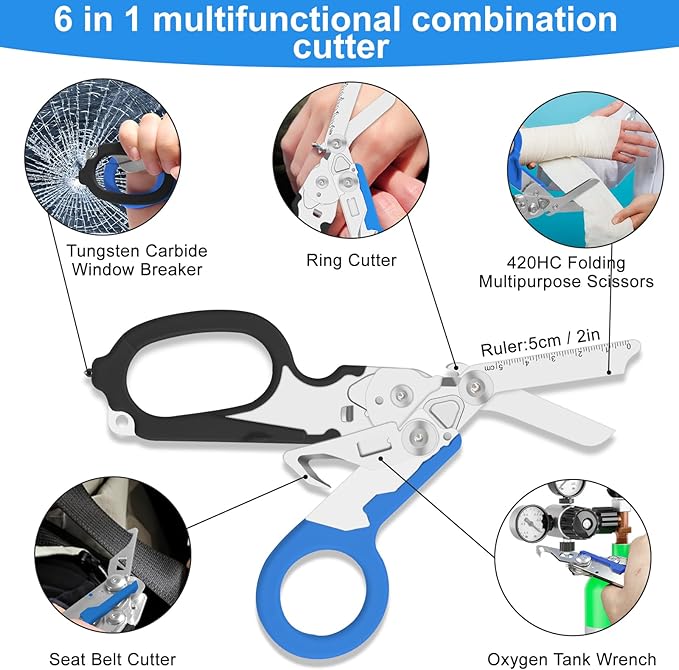 6in1 trauma shears - emergency responders, outdoor emergencies scissor, medical staff, and outdoor camping scissors, ttrauma scissors (blue-black)