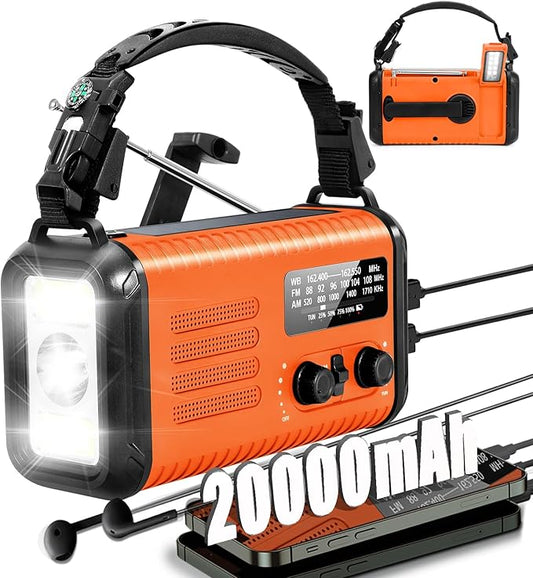 20000mAh / 74000mWh Emergency Radio, Solar Hand Crank Radio AM/FM/NOAA Weather Radio, Battery Powered with Cell Phone Charger, SOS Alarm, Flashlight & Reading Lamp for Emergencies Hurricane Camping