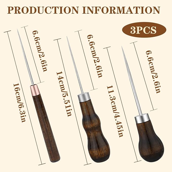 ZXIIXZ 3 Pack Leather Scratch Awl Tool, Awl Tool Sewing with Gourd Shape Wooden Handle for Stitching Punching Sewing, Scratch Awl Tool Supplies for DIY Leather Sewing Punching Craft Repair