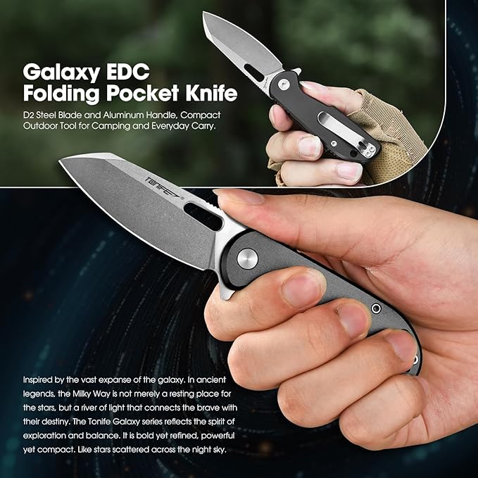 TONIFE Galaxy Mini Folding Knife with D2 Steel Blade and Aluminum Handle, EDC Pocket Tool for Camping, Hiking, and Survival (Black Stone Wash)