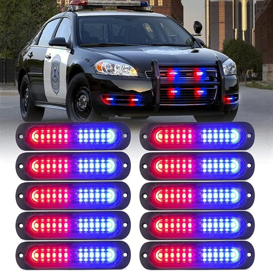 Xprite Red Blue LED Emergency Strobe Lights Kit, Surface Flush Mount Grill Grille Hazard Warning Safty Flashing Police Light for Volunteer Vehicles Off-Road Trucks Cars SUV ATV UTV Motorcycle - 10PCS