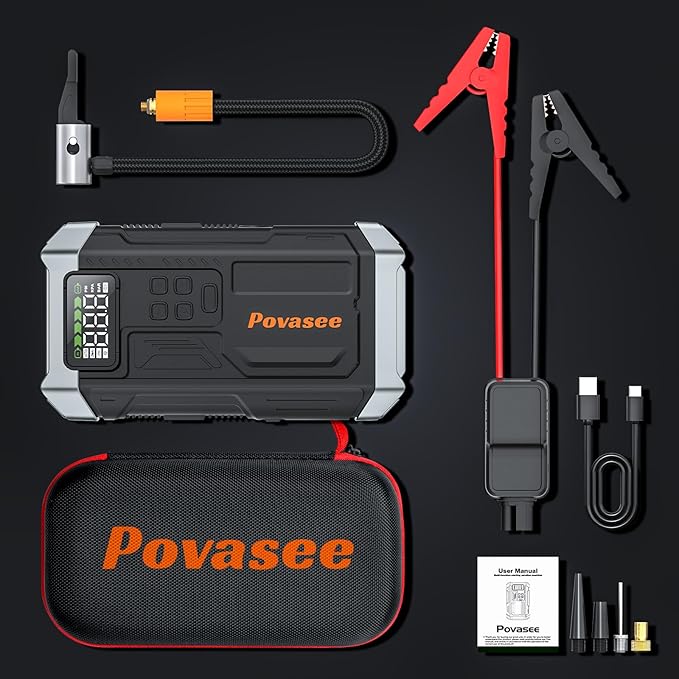 [2025NEW Model] 5000A Jump Starter with Air Compressor,Battery Jumper Starter Portable with 150PSI Tire Inflator 12V Jump Box with LCD Display,Flashlight,Storage Case (Up 9L Gas/8L Diesel Engine