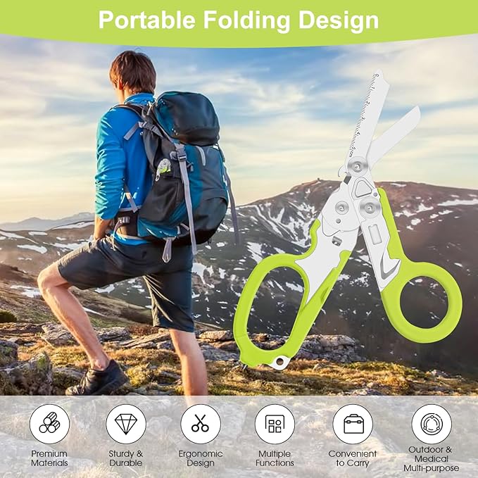 6in1 trauma shears - emergency responders, outdoor emergencies scissor, medical staff, and outdoor camping scissors, ttrauma scissors (green)