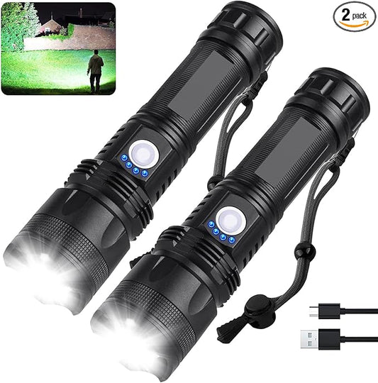 Rechargeable Flashlights 90000 High Lumens - 2 Pack, Super Bright LED Flash Light with 5 Modes, 12 Hour Brightest Waterproof Handheld Flashlight for Home, Camping