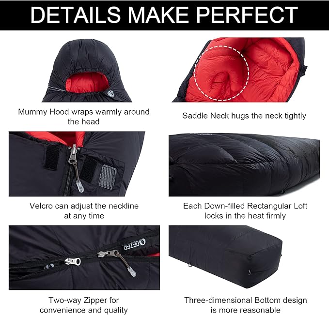0 Degree Sleeping Bag for Adults - 660 Fill Power Down Bag for Cold Weather -20F / -8F / 0F / 10F Large Lightweight