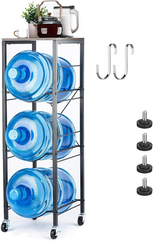 5 Gallon Water Jug Holder - 3-Tier Water Jug Rack with Wheel Reinforced X-Shape Design, 5 Gallon Water Jug Stand with Storage Shelves for Kitchen, Living Room, Office