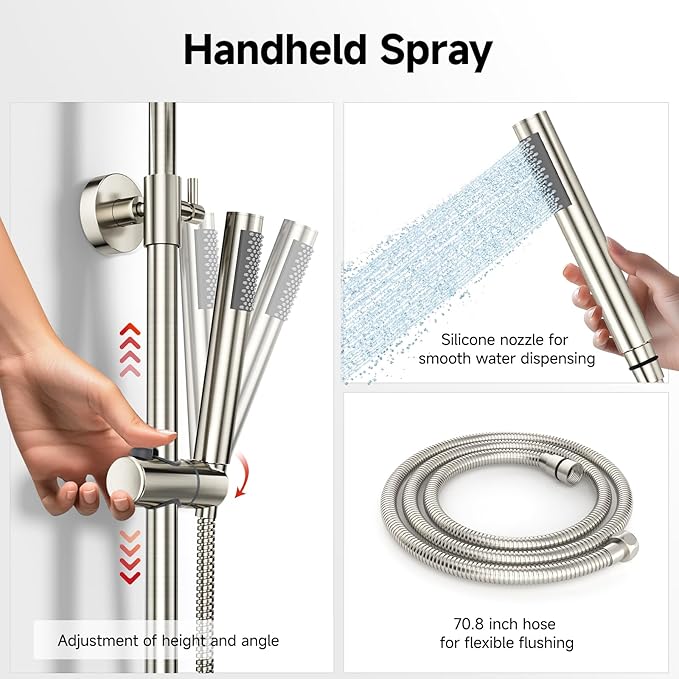 Rainsworth Outdoor Shower Kit Brushed Nickel - Single Handle Brass Valve, 8 Inch Rain Shower Head and Handheld Spray Shower Fixture Combo, SUS 304 Stainless Steel Wall-Mounted Faucet