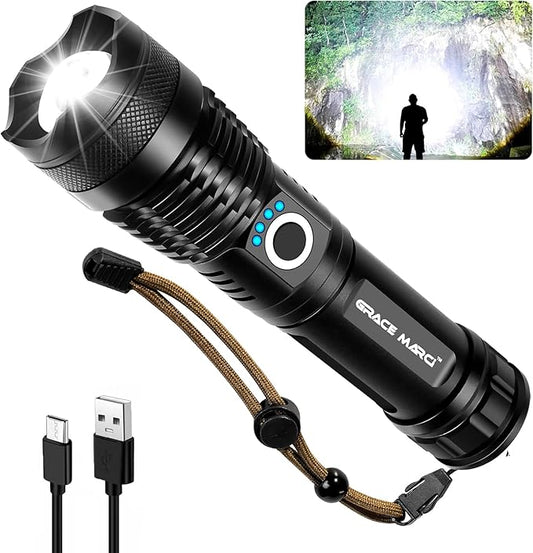 Rechargeable Flashlight High Lumen, Camping Essential Tactical Flash Light with 5 Modes, Adjustable Focus, LED Super Bright 150,000 Lumens Powerful Flashlight Rechargeable for Home & Emergencies