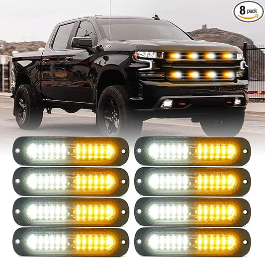 Xprite White Amber 12 LED Emergency Strobe Lights Kit Surface Flush Mount Side Marker Grill Grille Hazard Warning Flashing Light Head for Off-Road Vehicles ATV Trucks Cars - 8PCS