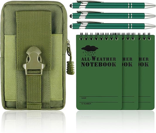 7 Piece Waterproof Notebook, 3 X 5 Inch waterproof notebook and pen with Waterproof Multi Functional Waist Pack for Outdoor Activities Recording (Army Green)