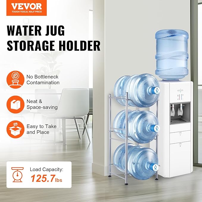 VEVOR 5 Gallon Water Jug Holder, 3 Tier Water Bottle Rack with 3 Slots, Detachable Stand for Kitchen, Office, Living Room - Silver