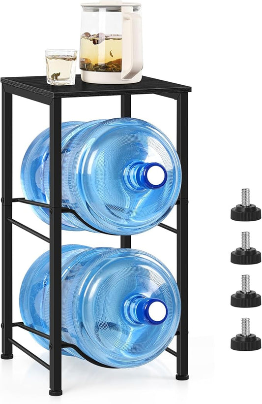 Water Jug Holder 5 Gallon Water Bottle Holder Stand With Storage Shelf, 2 Tier 5 Gal Water Jug Storage Rack with 2 Slots for Kitchen Living Room Home Office, Black