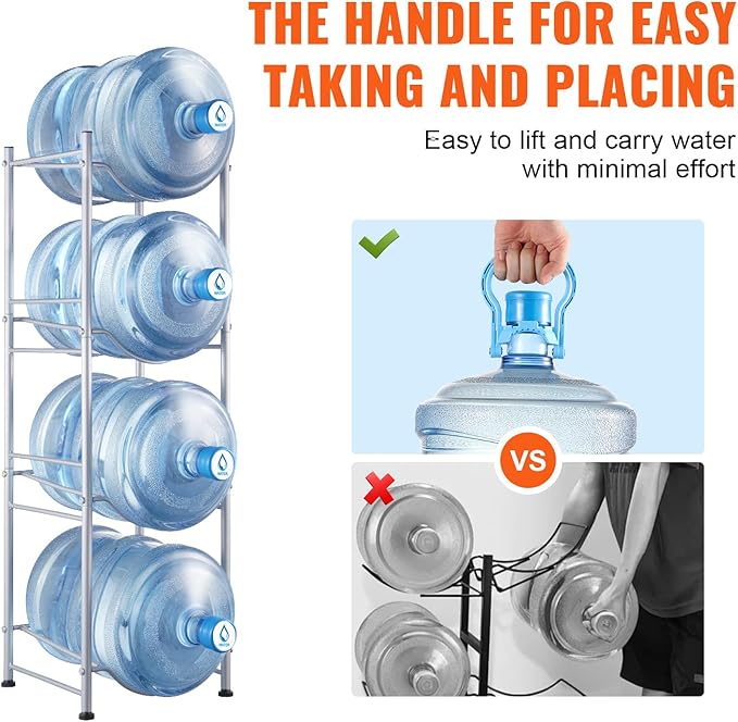 VEVOR 5 Gallon Water Jug Holder, 4 Tiers Water Bottle Holder, Heavy Duty Water Bottle Rack with 4 Slots, Detachable Water Jug Stand for Kitchen, Office, Living Room- Silver