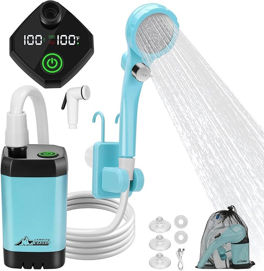 WADEO Portable Shower for Camping, 6000mAh Outdoor Electric Shower Rechargeable Pump with Intelligent Digital Display, Camping Shower Head Nozzle for Camping, Hiking, Traveling, Washing