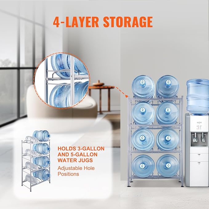 VEVOR 5 Gallon Water Jug Holder, 4 Tiers Double Row Heavy Duty Water Bottle Rack with 8 Slots, Detachable Water Jug Stand for Kitchen, Office, Living Room- Silver