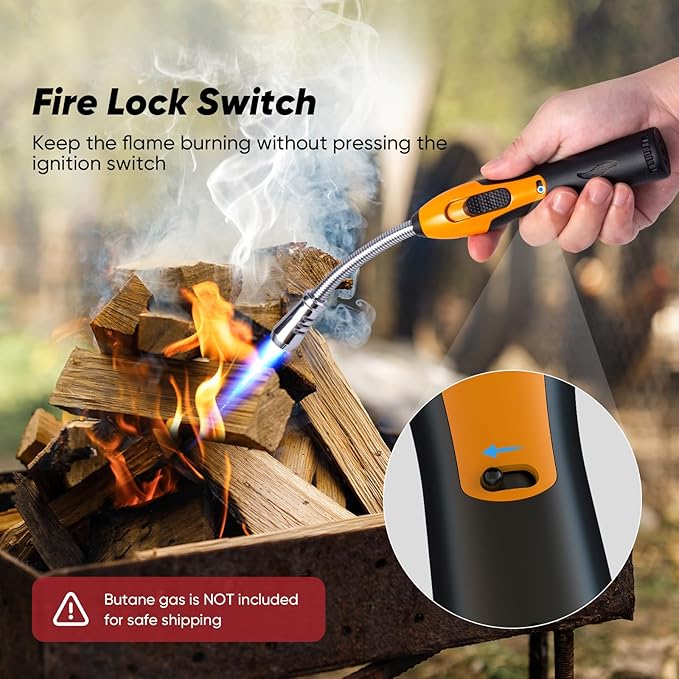 Butane Lighter Torch Long Lighter Refillable Lighter Windproof with Visual Fuel Window Flexible Extra Long Torch Lighter for Fireplace Candles (No Butane Included) (Orange, 1 Pack)