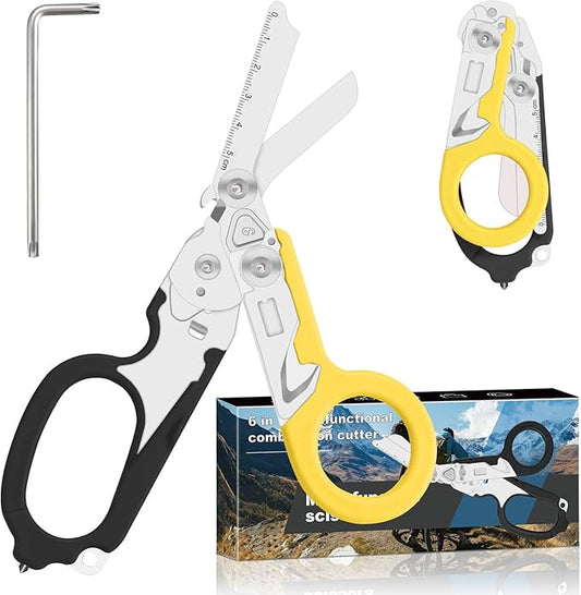 6 in 1 trauma shears, folding emergency shear, Outdoor Camping Tools, Seat Belt Cutter, Oxygen Cylinder Wrench, Complimentary Adjustable Wrench (Black Yellow)