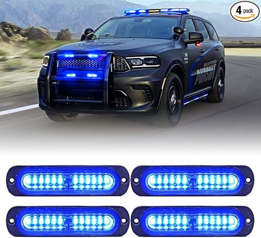 Xprite Blue LED Emergency Strobe Lights Kit, Surface Flush Mount Grill Grille Hazard Warning Safty Flashing Police Light for Volunteer Vehicles Off-Road Trucks Cars SUV ATV UTV Motorcycle - 4PCS
