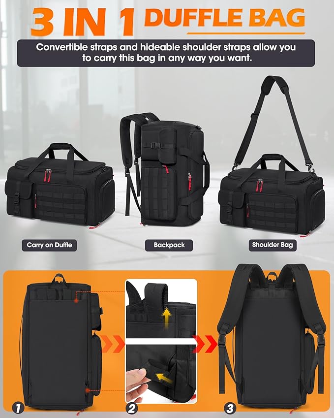 RAINSMORE Gym Bag for Men, 45L Sports Travel Duffel Bag with Shoe & Laptop Compartment, Gym Workout Backpack Carry On Weekender Bag Overnight Backpack for Travel, Black