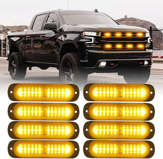 Xprite Amber 12 LED Emergency Strobe Lights Kit Surface Flush Mount Side Marker Grill Grille Hazard Warning Flashing Light Head for Off-Road Vehicles ATV Trucks Cars - 8PCS