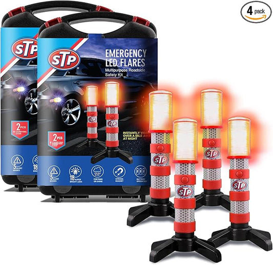 XTREME STP Emergency LED Road Flares, 3 Separate Lighting Modes: Flashing Red, Solid Red and White Flashlight, Visible From Up To A Mile, Foldable Stands/Built-In Magnet Sticks To Car