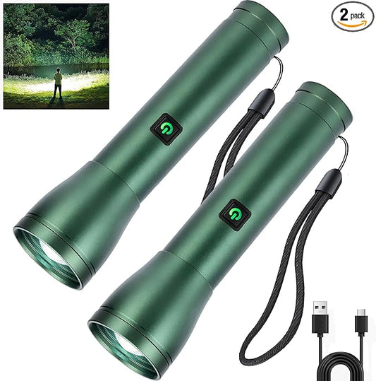 Rechargeable Flashlights 990,000L High Lumens 2 Packs, 140° Wider Beam Super Bright LED Handheld Tactical Metal Flash Lights with 3 Modes, USB C, Zoomable Beam, IP76 Waterproof for Emergency