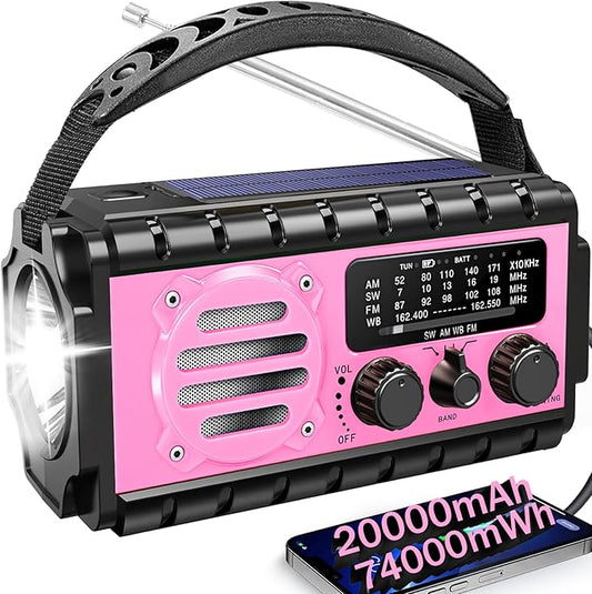 74000mWh Emergency Radio with NOAA Weather, Portable Hand Crank SW/AM/FM Survival Radio with Fast Charge Rechargeable Solar Battery, Flashlight, Reading Lamp,SOS Sirenor Home Outdoor(Pink)