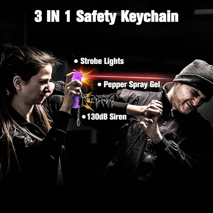 3-in-1 Personal Safety Alarm with Pepper Spray Gel - Self Defence Defense Keychain for Women, Girls Protection Devices Tools, Bottle Replaceable, 140dB Siren Key Chain, Strobe Light, UV Marking Dye
