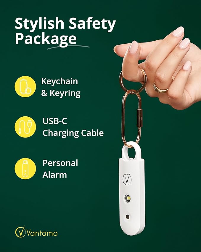 Vantamo Personal Alarm for Self Defense with Low Battery Notice, Strobe Light & Extra Loud 130 dB Double Speakers Safety Keychain Set for Women, Rechargeable Panic Button for Womens Self Defense