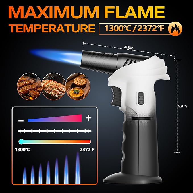 Butane Torch Lighter with Butane Included, 115Ml Butane Refill, 0-90°Rotating Angle Kitchen Torch, Refillable Creme Brulee Torch with Safety Lock, Adjustable Flame for Soldering, Cooking.