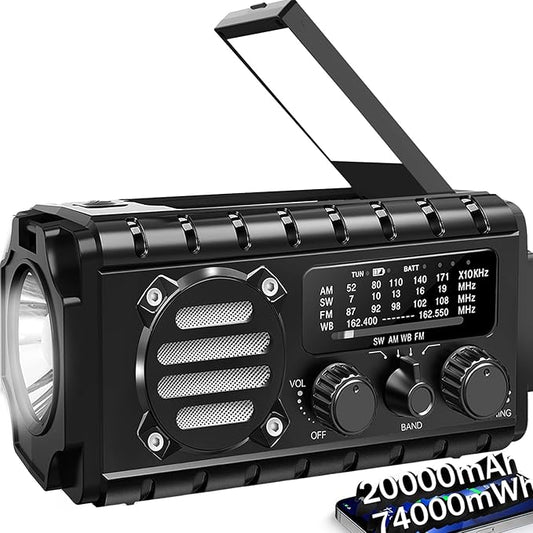 20000mah Hand Crank Emergency Radio,SW/NOAA/AM/FM Weather Radio, Solar Powered Hand Crank Chager with Bige Batery Powered,Portable,Cellphone Charge,SOS,Flashlight for Emergency/Home (Black)