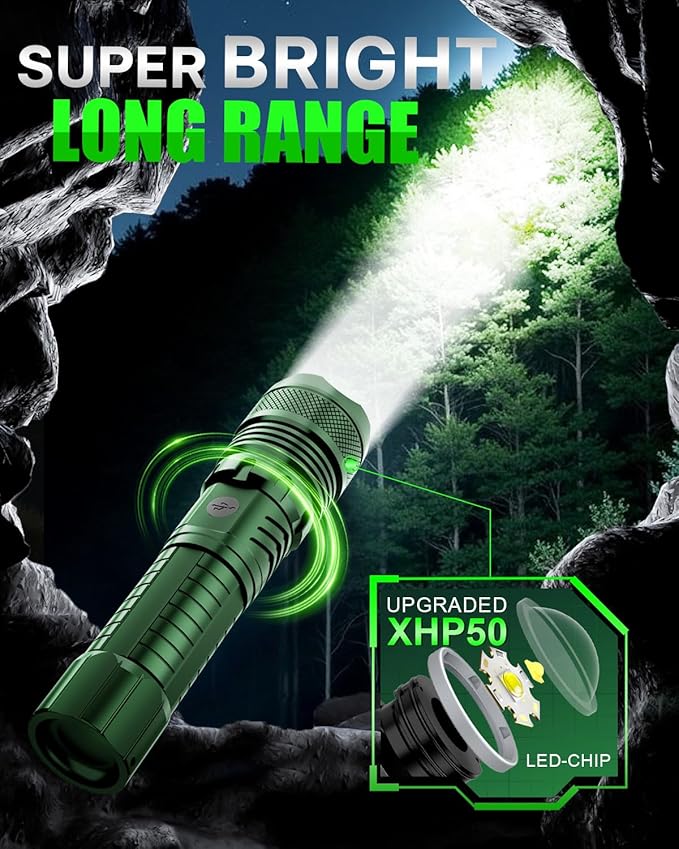 Victoper Green LED Flashlights, High Powered High Lumens Super Bright Tactical Flashlight, Rechargeable, 5 Modes Zoomable Waterproof Flash Lights for Emergency, Outdoor, Home, Camping, Hiking