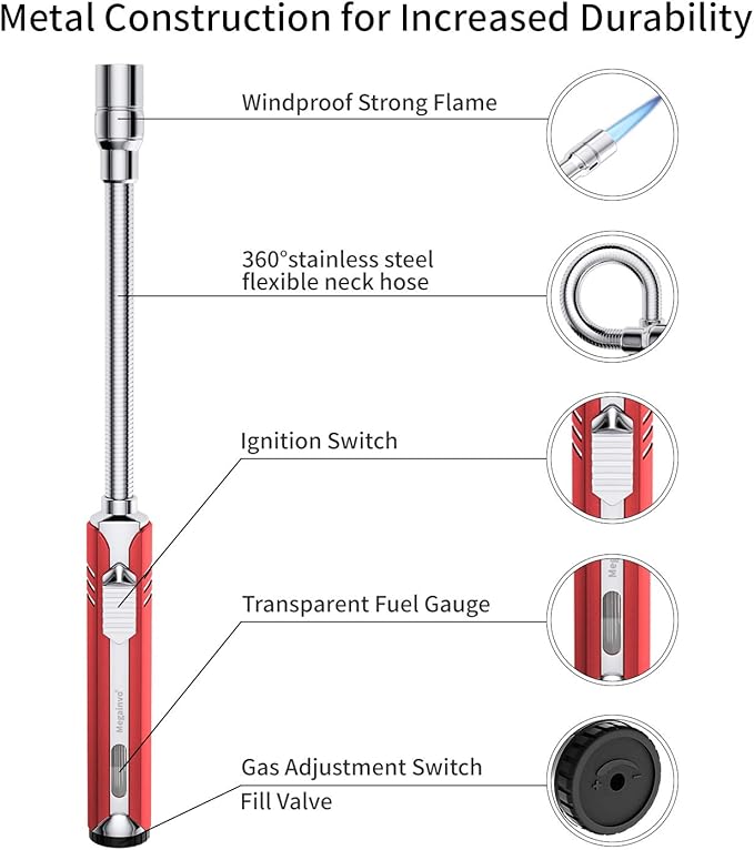 Butane Lighter Torch Long Lighter Refillable Adjustable Jet Flame Lighter Windproof Flexible with Visual Fuel Window Blow Torch for Stove BBQ Grill Fireplace Camping Kitchen (No Gas Include) - Red