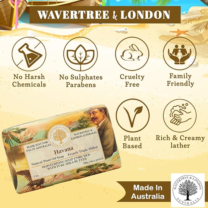 Wavertree & London Havana Scented Natural Soap (2 Bars), 7oz Moisturizing French Triple Milled Soap Bars enriched with shea butter - Pure Plant Based Bath & Body Bars for All Skin Types