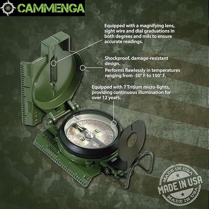 Cammenga Compass Military Grade Phosphorescent - Lensatic Compass Shock, Sand, and Waterproof, Tactical, Navigation - Made in The USA