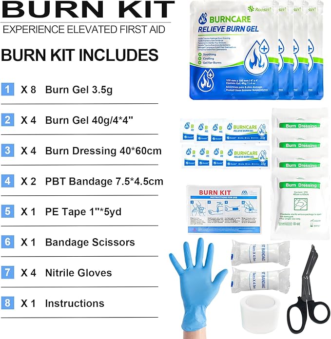 Burn Kit, 4pcs Burn Dressings 4x4”, 8pcs Burn Gel Packets 3.5g, 4pcs Burn Pads, First Aid Kit Cooling Soothing Cream Relief with Bandage, Nitrile Gloves, Scissors, Tape