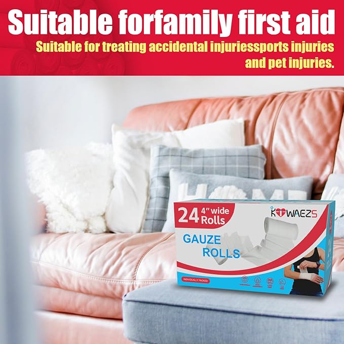 24 Pack Gauze Rolls Bandages 4 ” x 4.1 yd Premium Quality Lint and Latex-Free Conforming Stretch Designed for Wound Care for Wound Dressing Support(Ideal for Home and car First aid Kits)